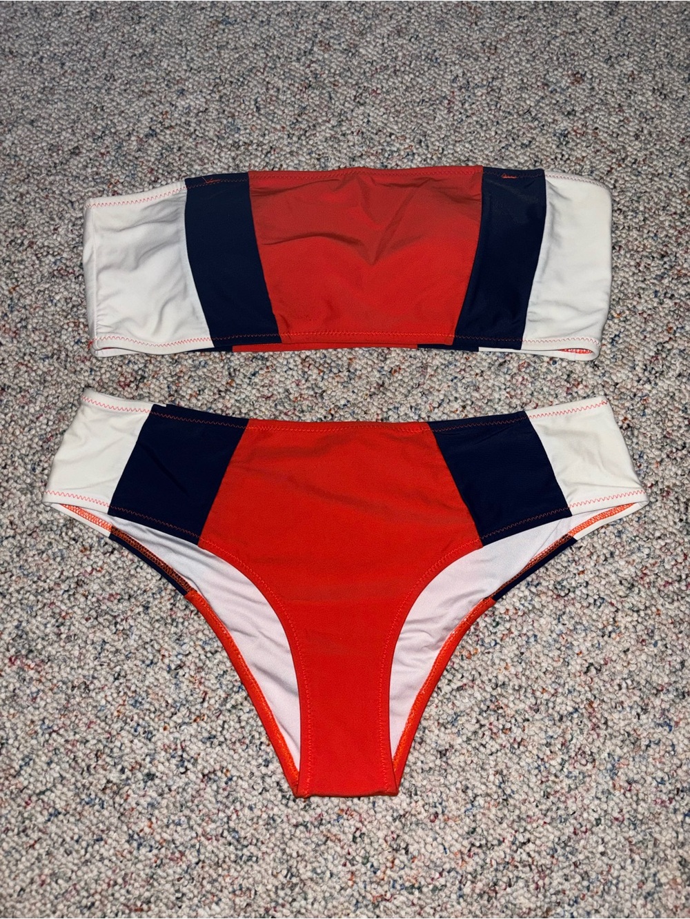 Cupshe Colorblock Bandeau Bikini Set in Orange, Navy & White XL